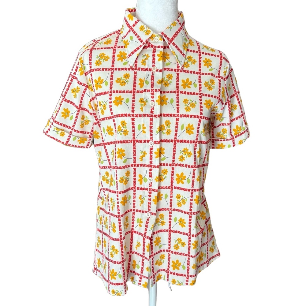 Sears Perma-Prest Blouse Womens White Floral Grid 70s Dagger Collar Retro